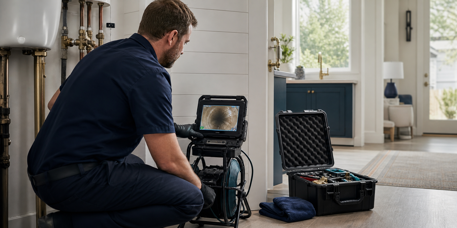 Plumber reviewing equipment and plumbing connections